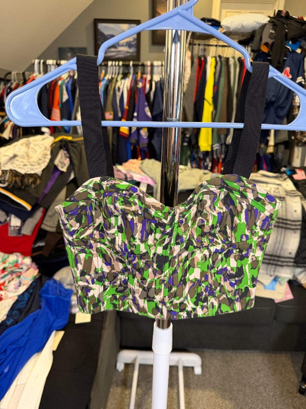 Club Monaco Floral Print Bustier Crop Top Green Purple Black Women’s Size 00